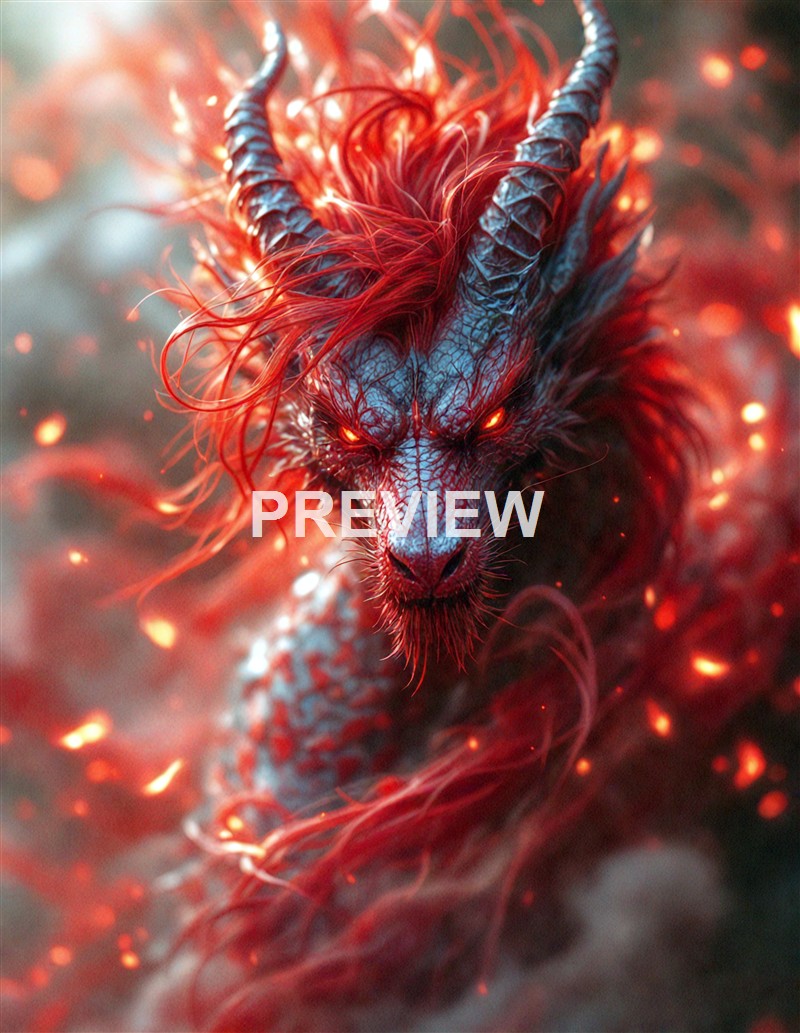 A fierce, mythical dragon with blue, cracked skin and fiery red hair, glowing eyes, and horns, surrounded by glowing embers.